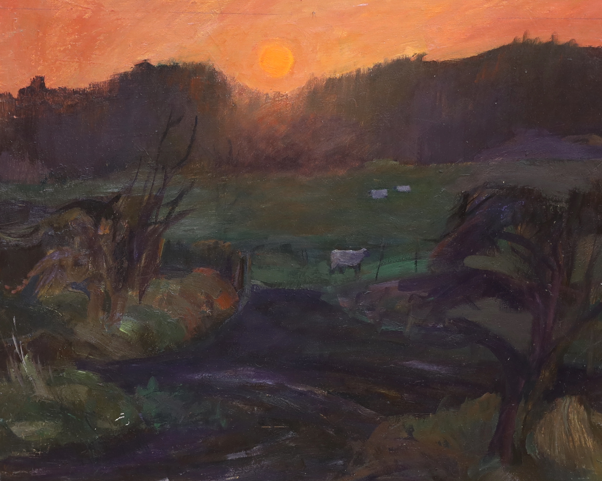 Violet Fuller (1920-2008), oil on board, Pastoral landscape at sunset, 62 x 76cm, unframed